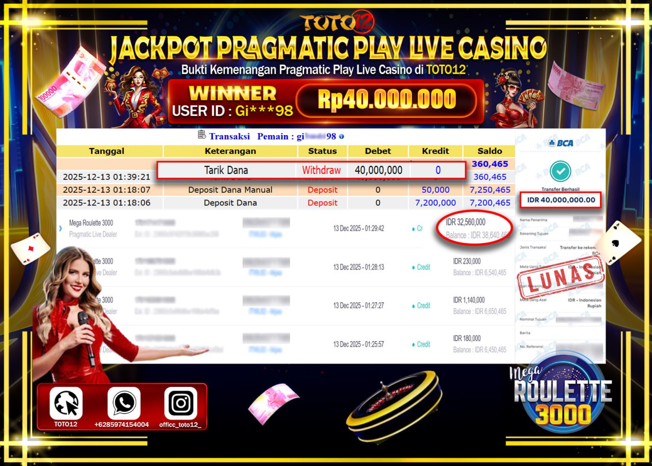 HANYA DI TOTO12 JP PASTI DI BAYAR LUNAS DAN CEPAT!!!!!! JACKPOT PRAGMATIC PLAY LIVE CASINO (MEGA ROULETTE 3000) Rp.40.000.000 !!!!