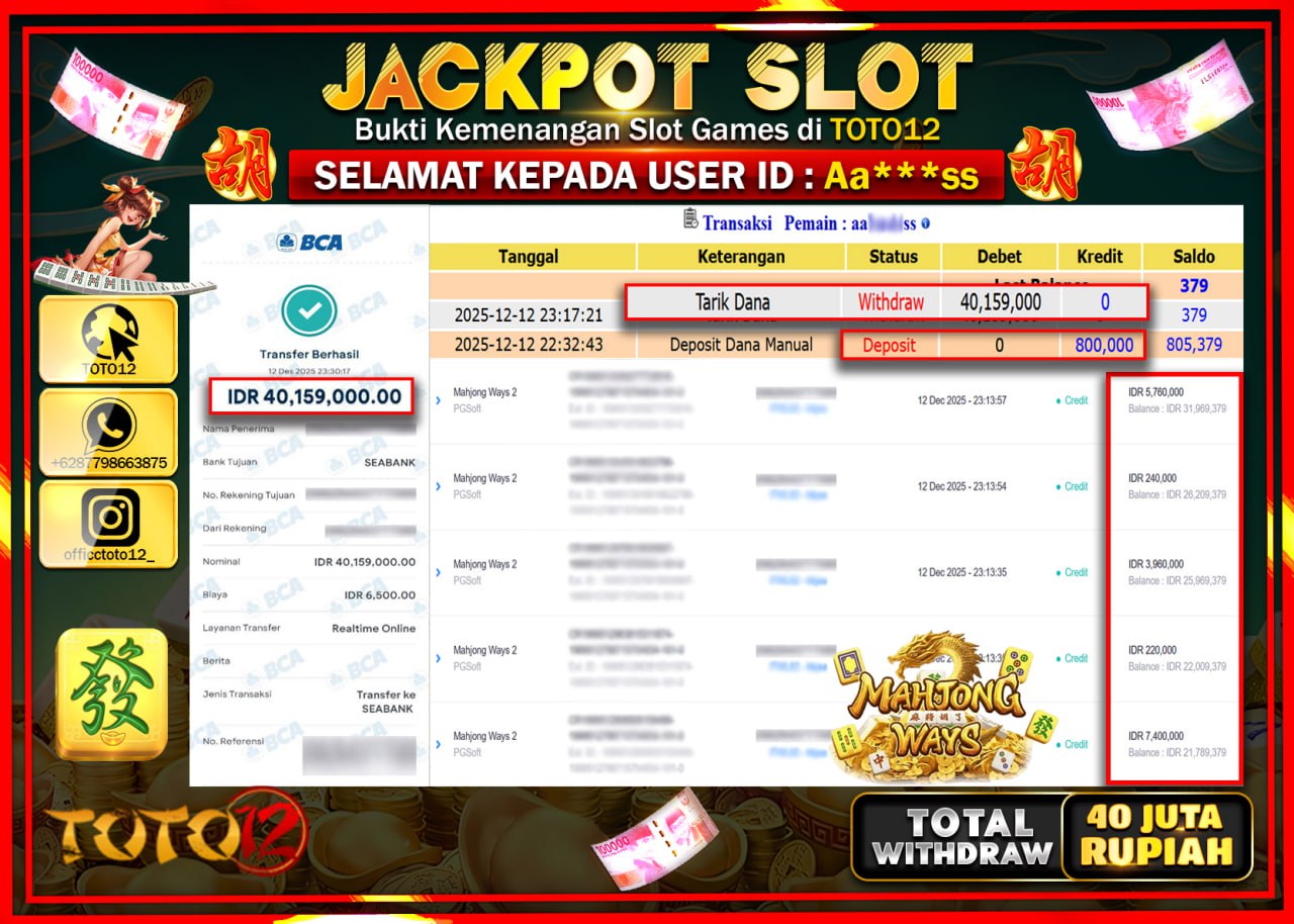 HANYA DI TOTO12 JP PASTI DI BAYAR LUNAS DAN CEPAT!!!!!! JACKPOT SLOT GAME (MAHJONG WAYS) Rp.40.159.000 !!!!
