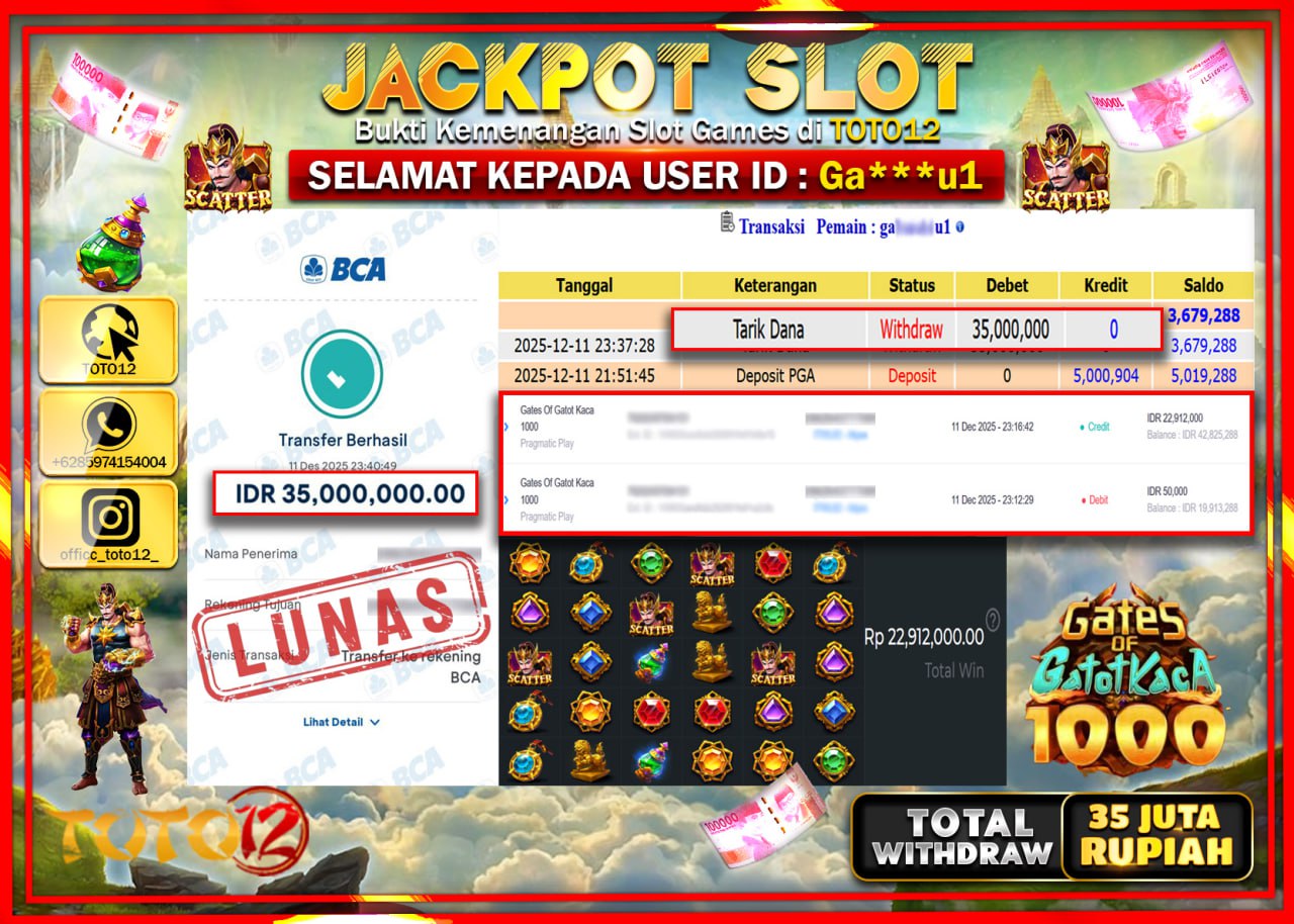 HANYA DI TOTO12 JP PASTI DI BAYAR LUNAS DAN CEPAT!!!!!! JACKPOT SLOT GAME (GATES OF GATOT KACA 1000) Rp.35.000.000 !!!!