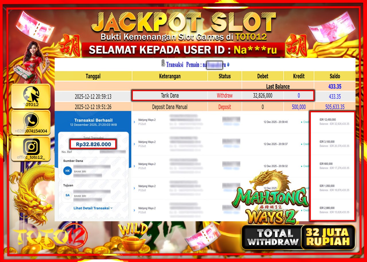 HANYA DI TOTO12 JP PASTI DI BAYAR LUNAS DAN CEPAT!!!!!! JACKPOT SLOT GAME (MAHJONG WAYS 2) Rp.32.826.000 !!!!