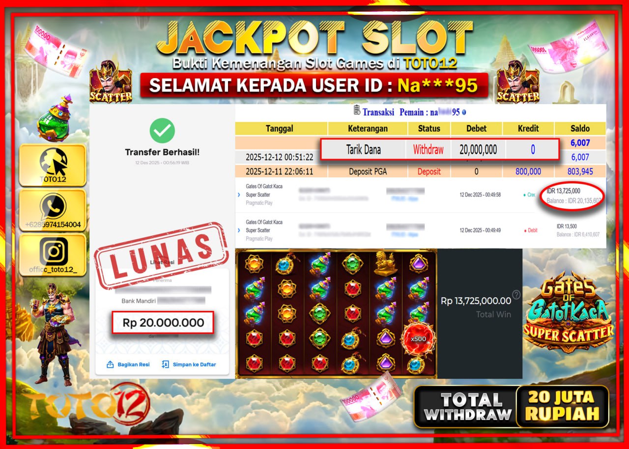 HANYA DI TOTO12 JP PASTI DI BAYAR LUNAS DAN CEPAT!!!!!! JACKPOT SLOT GAME (GATES OF GATOT KACA SUPER SCATTER) Rp.20.000.000 !!!!