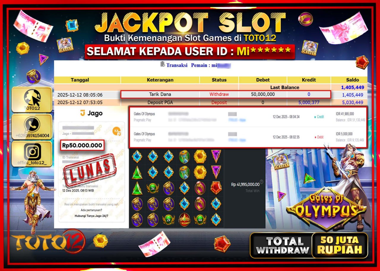 HANYA DI TOTO12 JP PASTI DI BAYAR LUNAS DAN CEPAT!!!!!! JACKPOT SLOT GAME (GATES OF OLYMPUS) Rp.50.000.000 !!!!