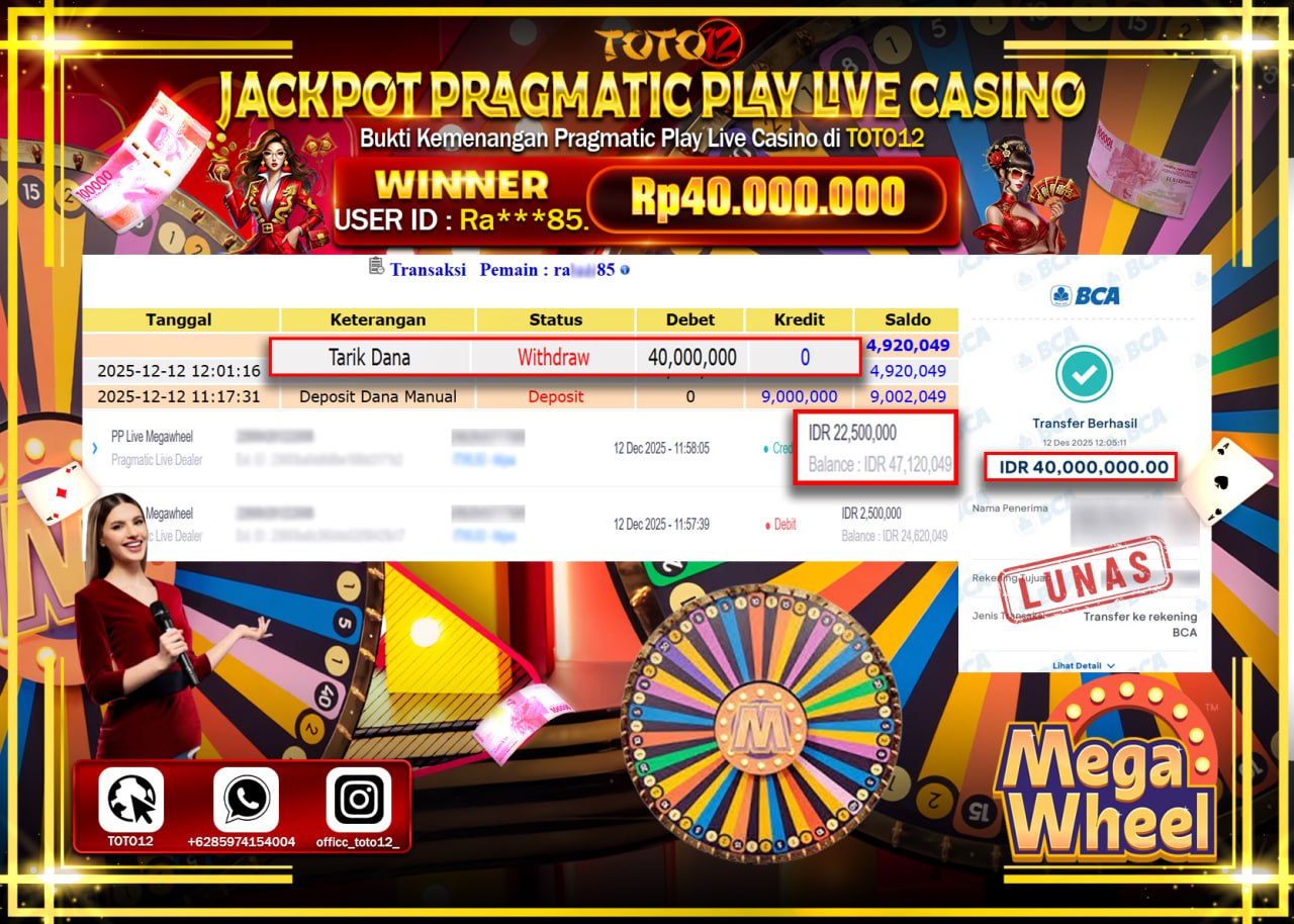 HANYA DI TOTO12 JP PASTI DI BAYAR LUNAS DAN CEPAT!!!!!! JACKPOT PRAGMATIC PLAY LIVE CASINO (MEGA WHEEL) Rp.40.000.000 !!!!