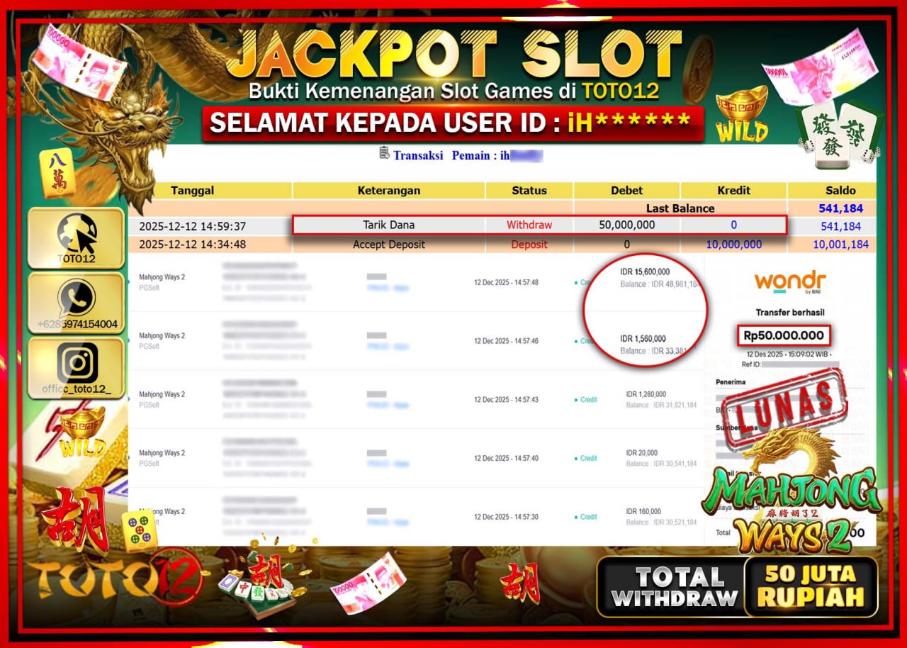 HANYA DI TOTO12 JP PASTI DI BAYAR LUNAS DAN CEPAT!!!!!! JACKPOT SLOT GAME (MAHJONG WAYS 2) Rp.50.000.000 !!!!