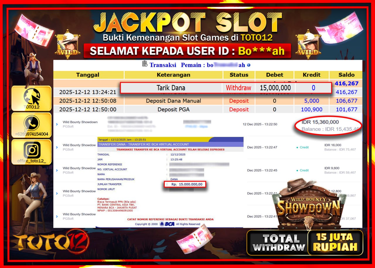 HANYA DI TOTO12 JP PASTI DI BAYAR LUNAS DAN CEPAT!!!!!! JACKPOT SLOT GAME (WILD BOUNTY SHOWDOWN) Rp.15.000.000 !!!!