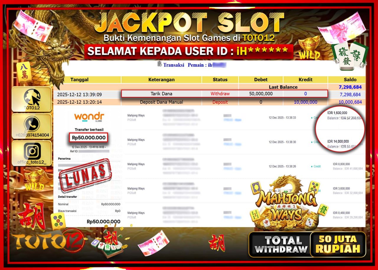 HANYA DI TOTO12 JP PASTI DI BAYAR LUNAS DAN CEPAT!!!!!! JACKPOT SLOT GAME (MAHJONG WAYS) Rp.50.000.000 !!!!
