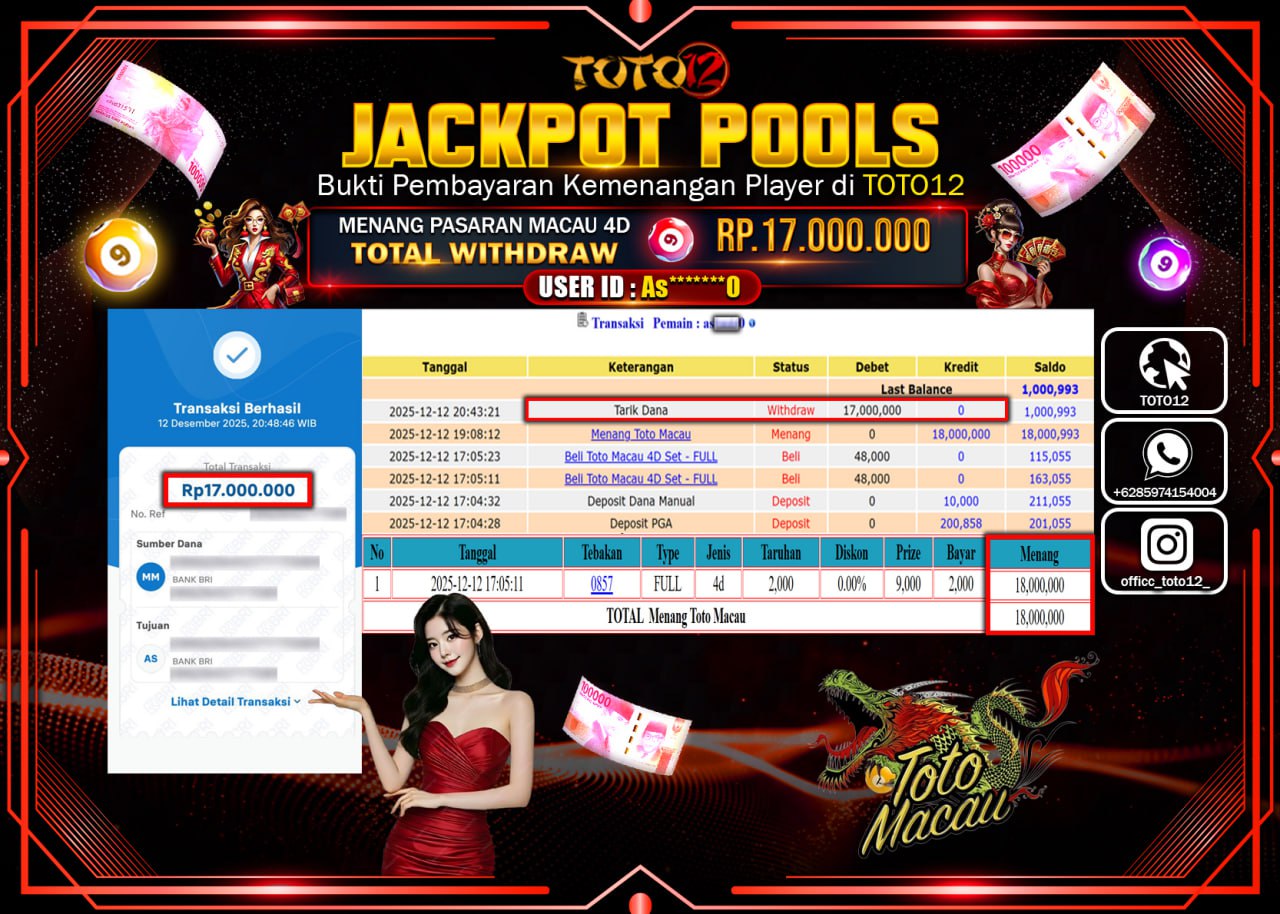 HANYA DI TOTO12 JP PASTI DI BAYAR LUNAS DAN CEPAT!!!!!! JACKPOT POOLS PASARAN (MACAU 4D) Rp.17.000.000 !!!!