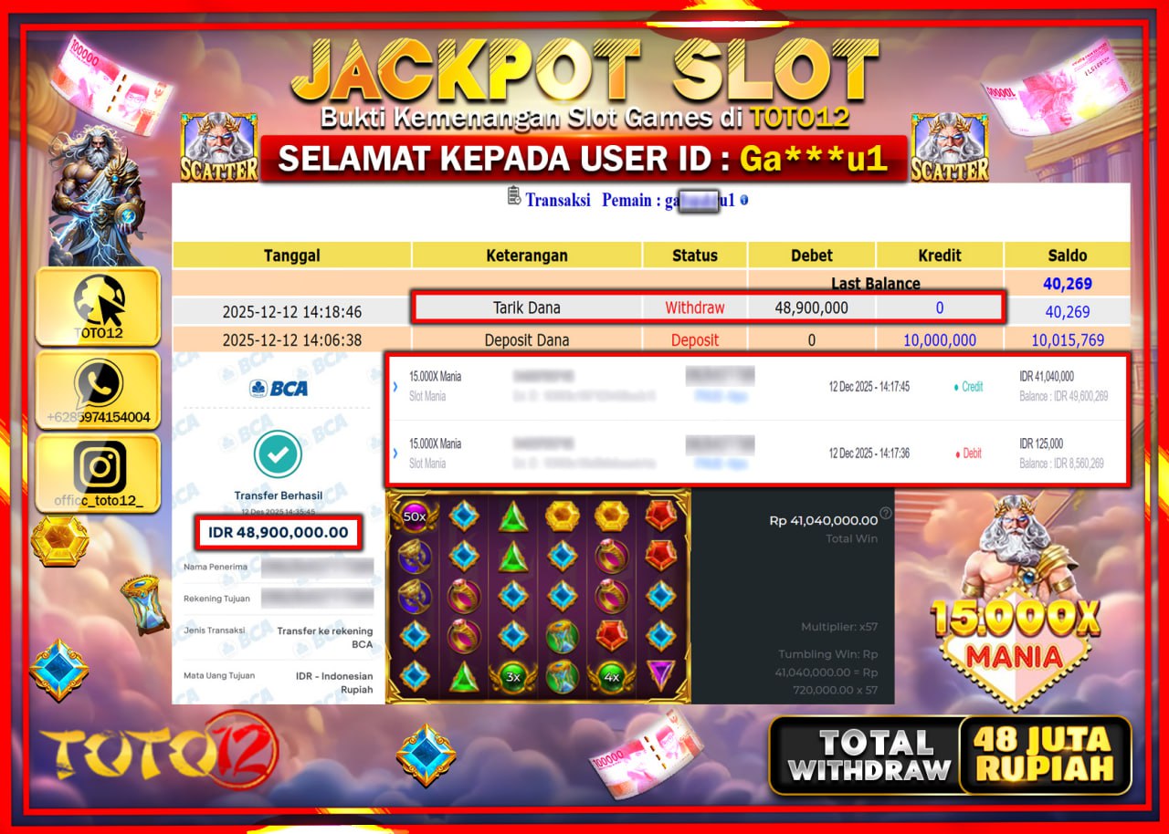 HANYA DI TOTO12 JP PASTI DI BAYAR LUNAS DAN CEPAT!!!!!! JACKPOT SLOT GAME (15.000X MANIA) Rp.48.900.000 !!!!