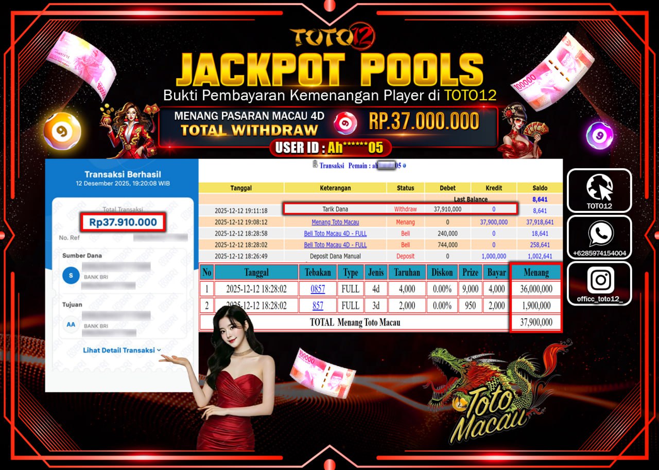 HANYA DI TOTO12 JP PASTI DI BAYAR LUNAS DAN CEPAT!!!!!! JACKPOT POOLS PASARAN (MACAU 4D) Rp.37.910.000 !!!!