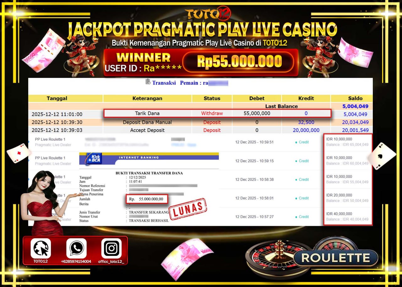 HANYA DI TOTO12 JP PASTI DI BAYAR LUNAS DAN CEPAT!!!!!! JACKPOT PRAGMATIC PLAY LIVE CASINO (ROULETTE) Rp.55.000.000 !!!!
