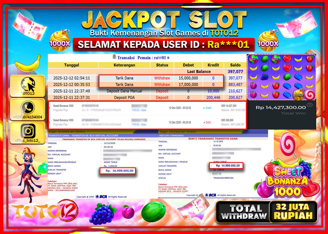 HANYA DI TOTO12 JP PASTI DI BAYAR LUNAS DAN CEPAT!!!!!! JACKPOT SLOT GAME (SWEET BONANZA 1000) Rp.32.000.000 !!!!