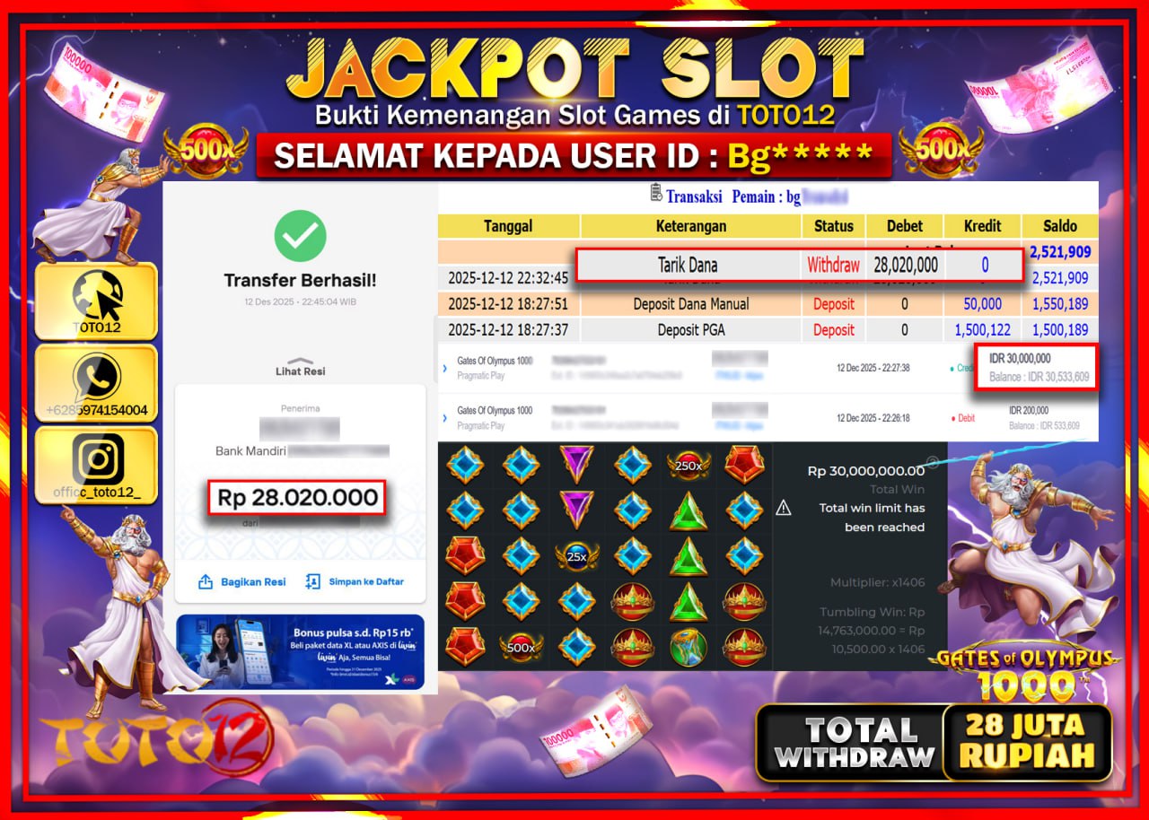 HANYA DI TOTO12 JP PASTI DI BAYAR LUNAS DAN CEPAT!!!!!! JACKPOT SLOT GAME (GATES OF OLYMPUS 1000) Rp.28.020.000 !!!!