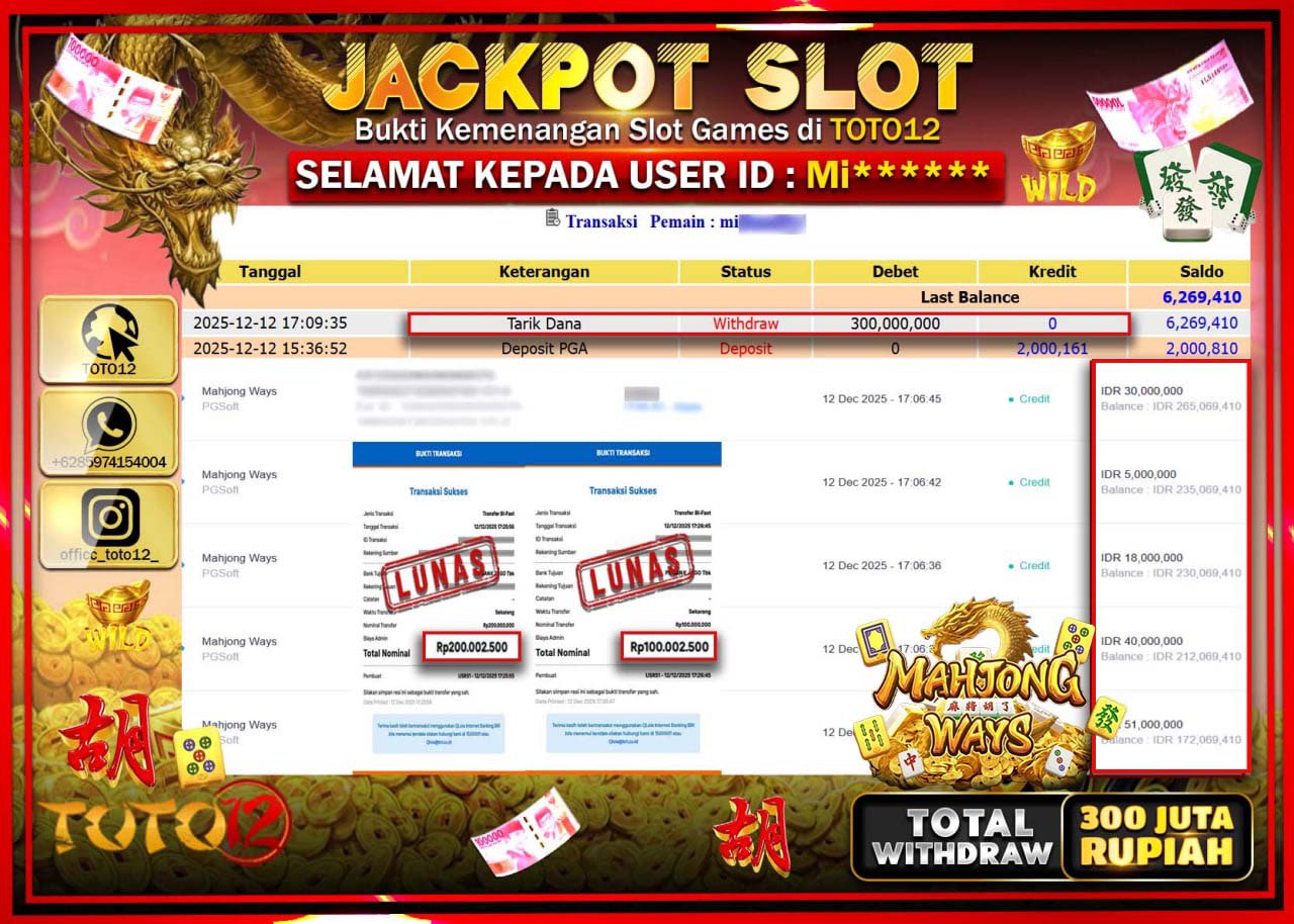 HANYA DI TOTO12 JP PASTI DI BAYAR LUNAS DAN CEPAT!!!!!! JACKPOT SLOT GAME (MAHJONG WAYS) Rp.300.000.000 !!!!
