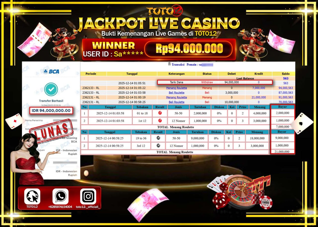 HANYA DI TOTO12 JP PASTI DI BAYAR LUNAS DAN CEPAT!!!!!! JACKPOT LIVE CASINO (ROULETTE) Rp.94.000.000 !!!!
