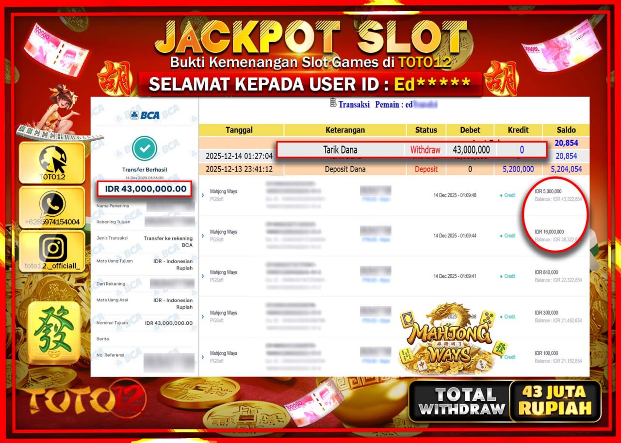 HANYA DI TOTO12 JP PASTI DI BAYAR LUNAS DAN CEPAT!!!!!! JACKPOT SLOT GAME (MAHJONG WAYS) Rp.43.000.000 !!!!