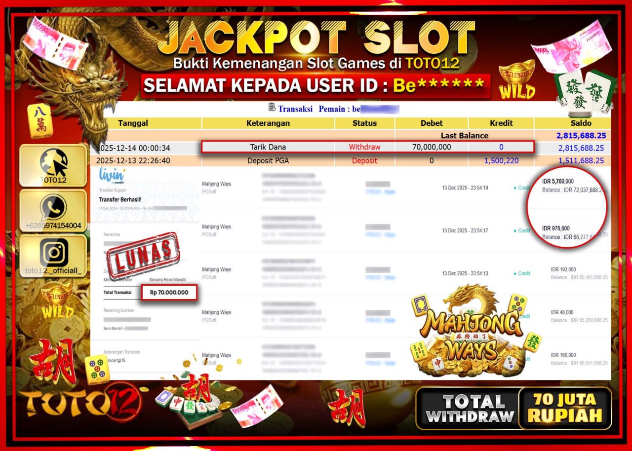 HANYA DI TOTO12 JP PASTI DI BAYAR LUNAS DAN CEPAT!!!!!! JACKPOT SLOT GAME (MAHJONG WAYS) Rp.70.000.000 !!!!