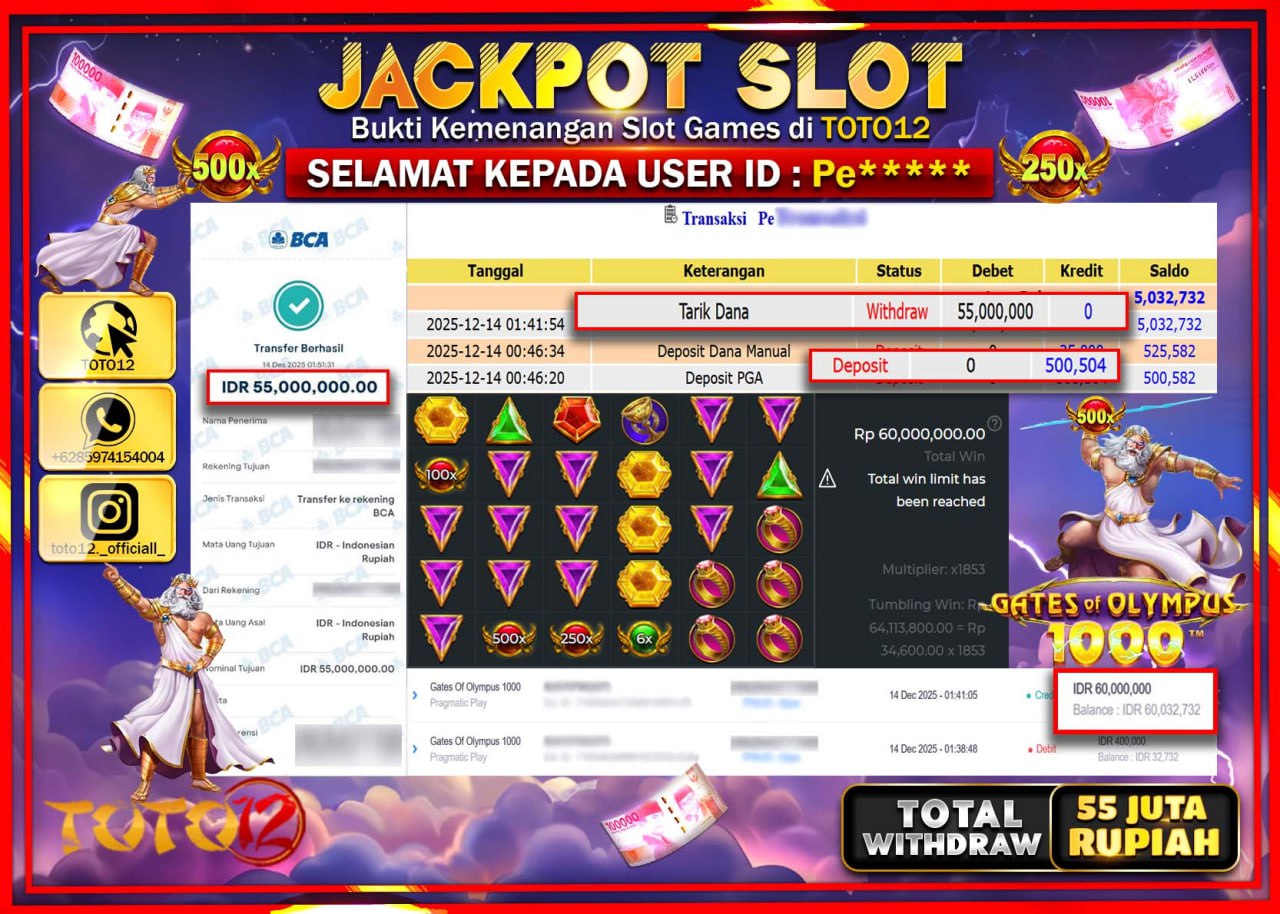 HANYA DI TOTO12 JP PASTI DI BAYAR LUNAS DAN CEPAT!!!!!! JACKPOT SLOT GAME (GATES OF OLYMPUS 1000) Rp.55.000.000 !!!!