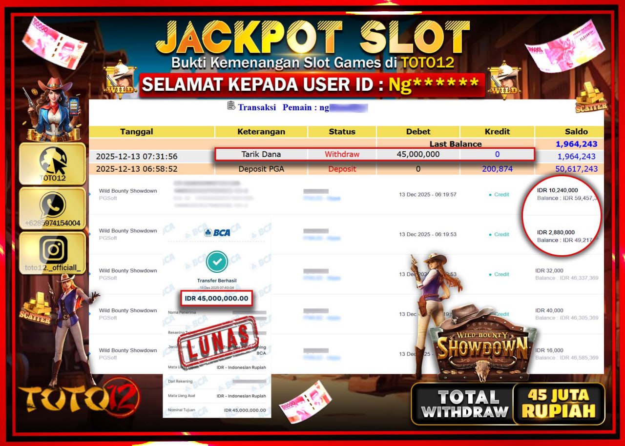 HANYA DI TOTO12 JP PASTI DI BAYAR LUNAS DAN CEPAT!!!!!! JACKPOT SLOT GAME (WILD BOUNTY SHOWDOWN) Rp.45.000.000 !!!!