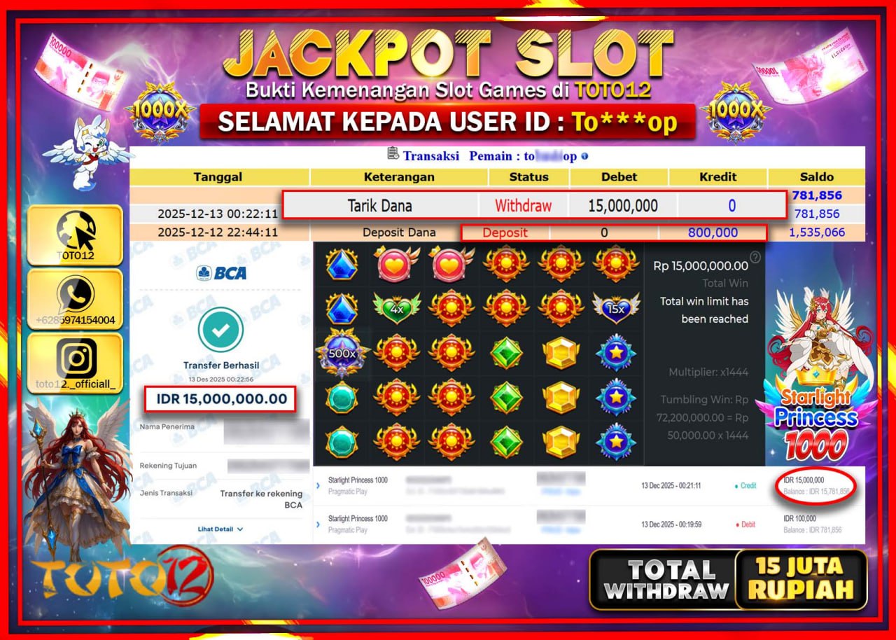 HANYA DI TOTO12 JP PASTI DI BAYAR LUNAS DAN CEPAT!!!!!! JACKPOT SLOT GAME (STARLIGHT PRINCESS 1000) Rp.15.000.000 !!!!