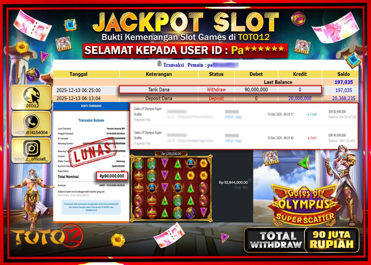 HANYA DI TOTO12 JP PASTI DI BAYAR LUNAS DAN CEPAT!!!!!! JACKPOT SLOT GAME (GATES OF OLYMPUS SUPER SCATTER) Rp.90.000.000 !!!!
