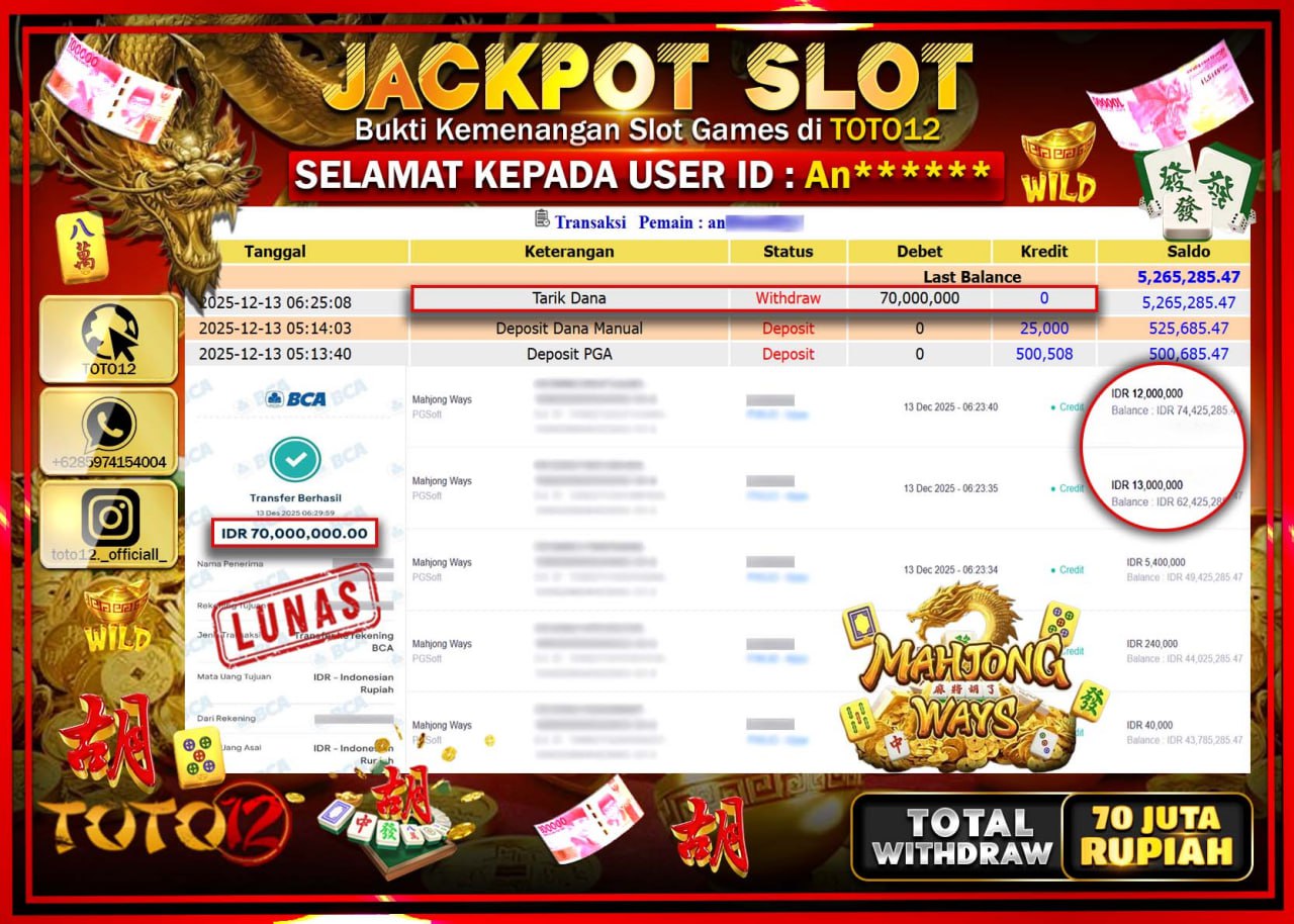 HANYA DI TOTO12 JP PASTI DI BAYAR LUNAS DAN CEPAT!!!!!! JACKPOT SLOT GAME (MAHJONG WAYS) Rp.70.000.000 !!!!
