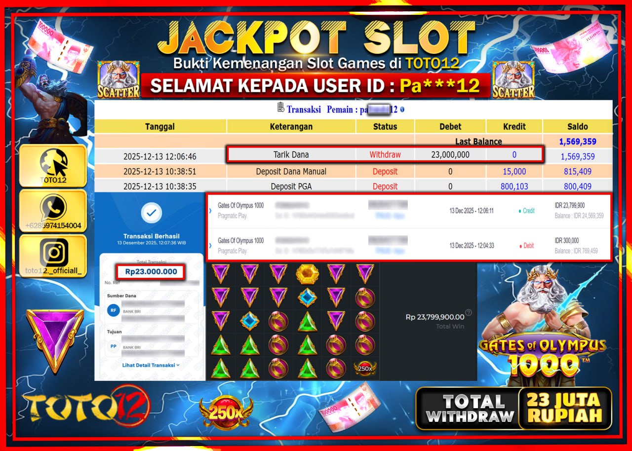 HANYA DI TOTO12 JP PASTI DI BAYAR LUNAS DAN CEPAT!!!!!! JACKPOT SLOT GAME (GATES OF OLYMPUS 1000) Rp.23.000.000 !!!!