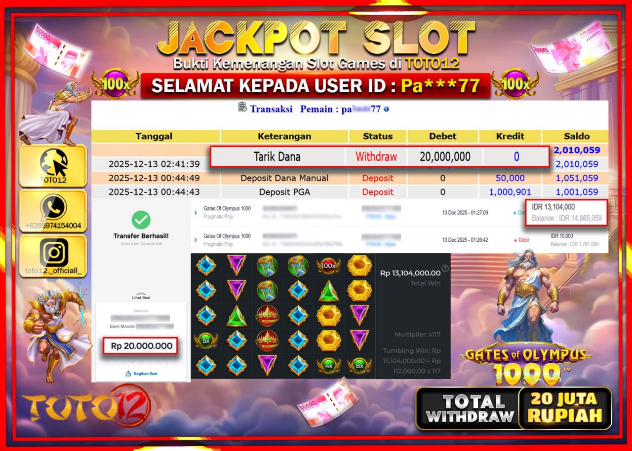 HANYA DI TOTO12 JP PASTI DI BAYAR LUNAS DAN CEPAT!!!!!! JACKPOT SLOT GAME (GATES OF OLYMPUS 1000) Rp.20.000.000 !!!!