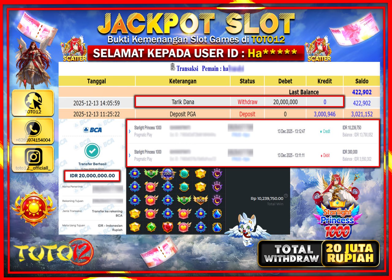 HANYA DI TOTO12 JP PASTI DI BAYAR LUNAS DAN CEPAT!!!!!! JACKPOT SLOT GAME (STARLIGHT PRINCESS 1000) Rp.20.000.000 !!!!