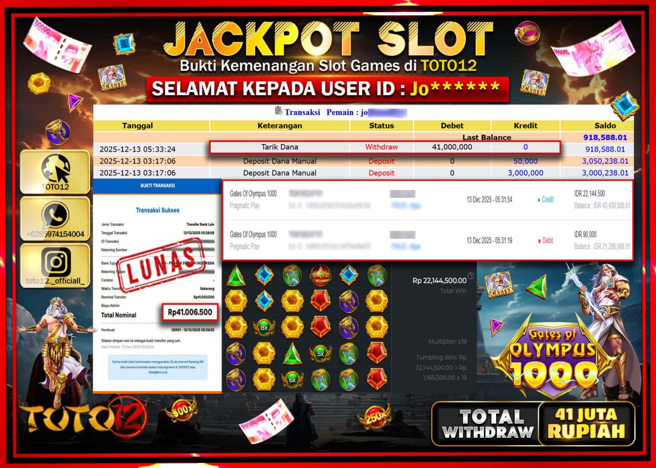 HANYA DI TOTO12 JP PASTI DI BAYAR LUNAS DAN CEPAT!!!!!! JACKPOT SLOT GAME (GATES OF OLYMPUS 1000) Rp.41.000.000 !!!!