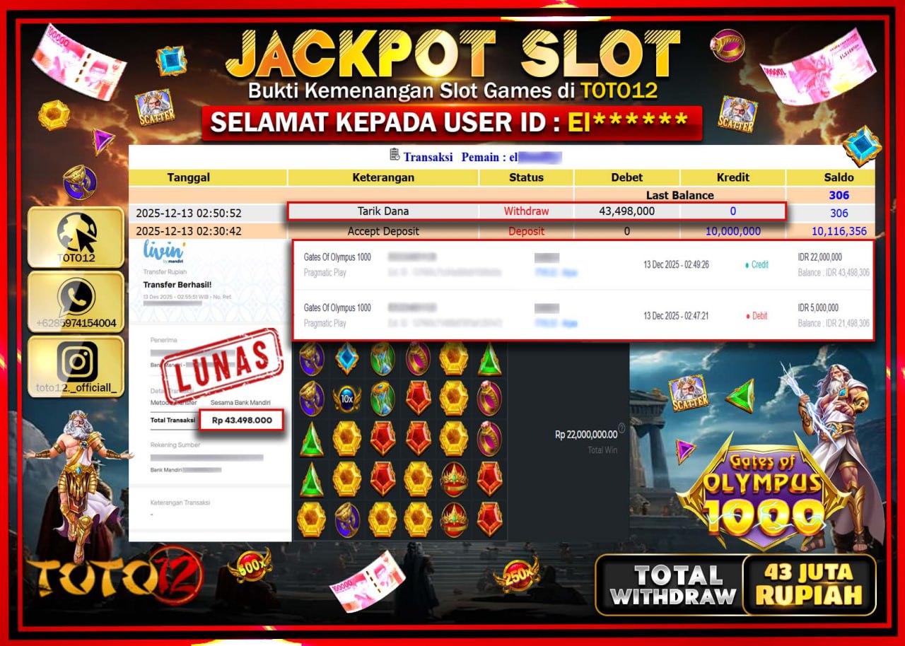HANYA DI TOTO12 JP PASTI DI BAYAR LUNAS DAN CEPAT!!!!!! JACKPOT SLOT GAME (GATES OF OLYMPUS 1000) Rp.43.498.000 !!!!