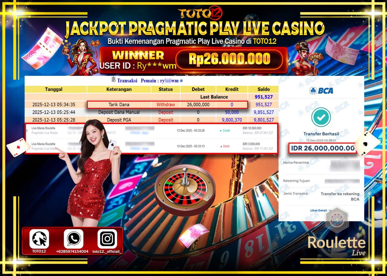HANYA DI TOTO12 JP PASTI DI BAYAR LUNAS DAN CEPAT!!!!!! JACKPOT PRAGMATIC PLAY LIVE CASINO (MANIA ROULETTE) Rp.26.000.000 !!!!