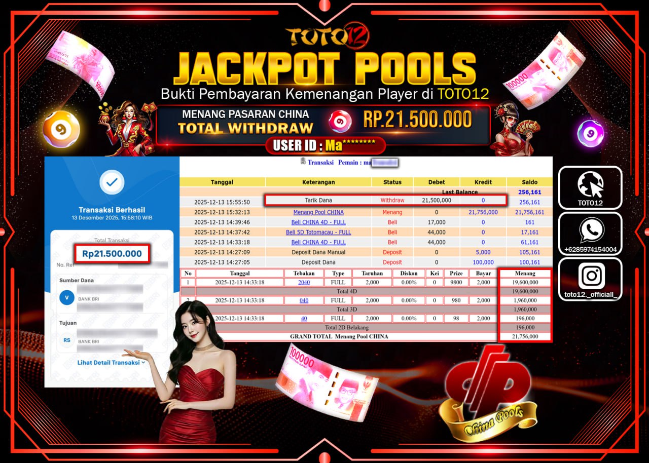HANYA DI TOTO12 JP PASTI DI BAYAR LUNAS DAN CEPAT!!!!!! JACKPOT POOLS PASARAN (CHINA) Rp.21.500.000 !!!!