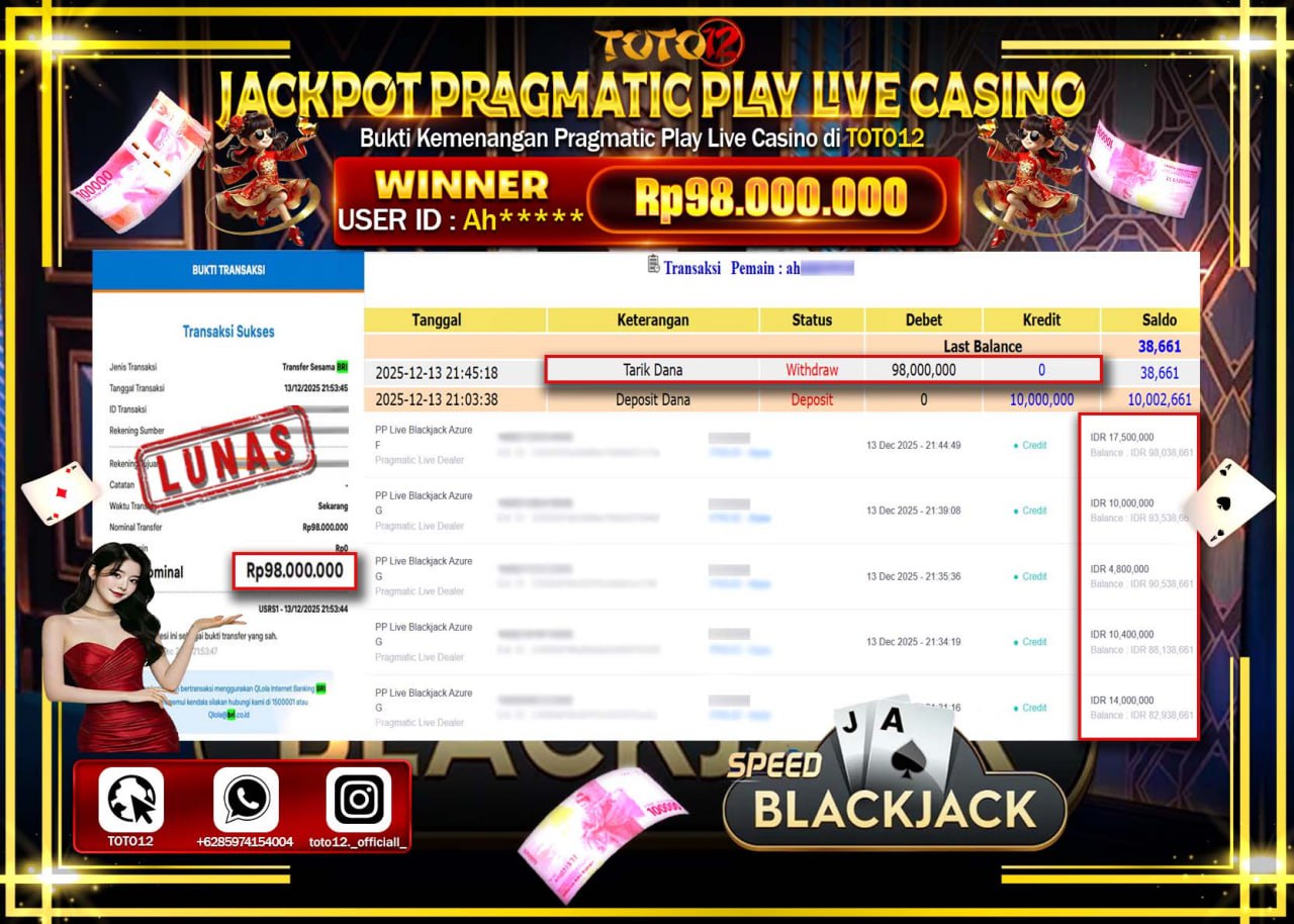 HANYA DI TOTO12 JP PASTI DI BAYAR LUNAS DAN CEPAT!!!!!! JACKPOT PRAGMATIC PLAY LIVE CASINO (BLACKJACK AZURE) Rp.98.000.000 !!!!
