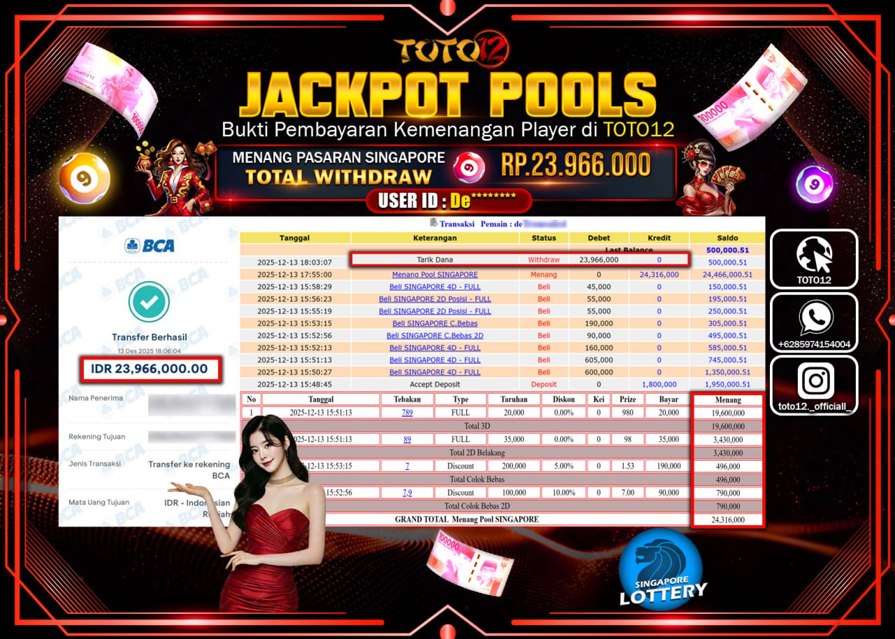 HANYA DI TOTO12 JP PASTI DI BAYAR LUNAS DAN CEPAT!!!!!! JACKPOT POOLS PASARAN (SINGAPORE) Rp.23.966.000 !!!!