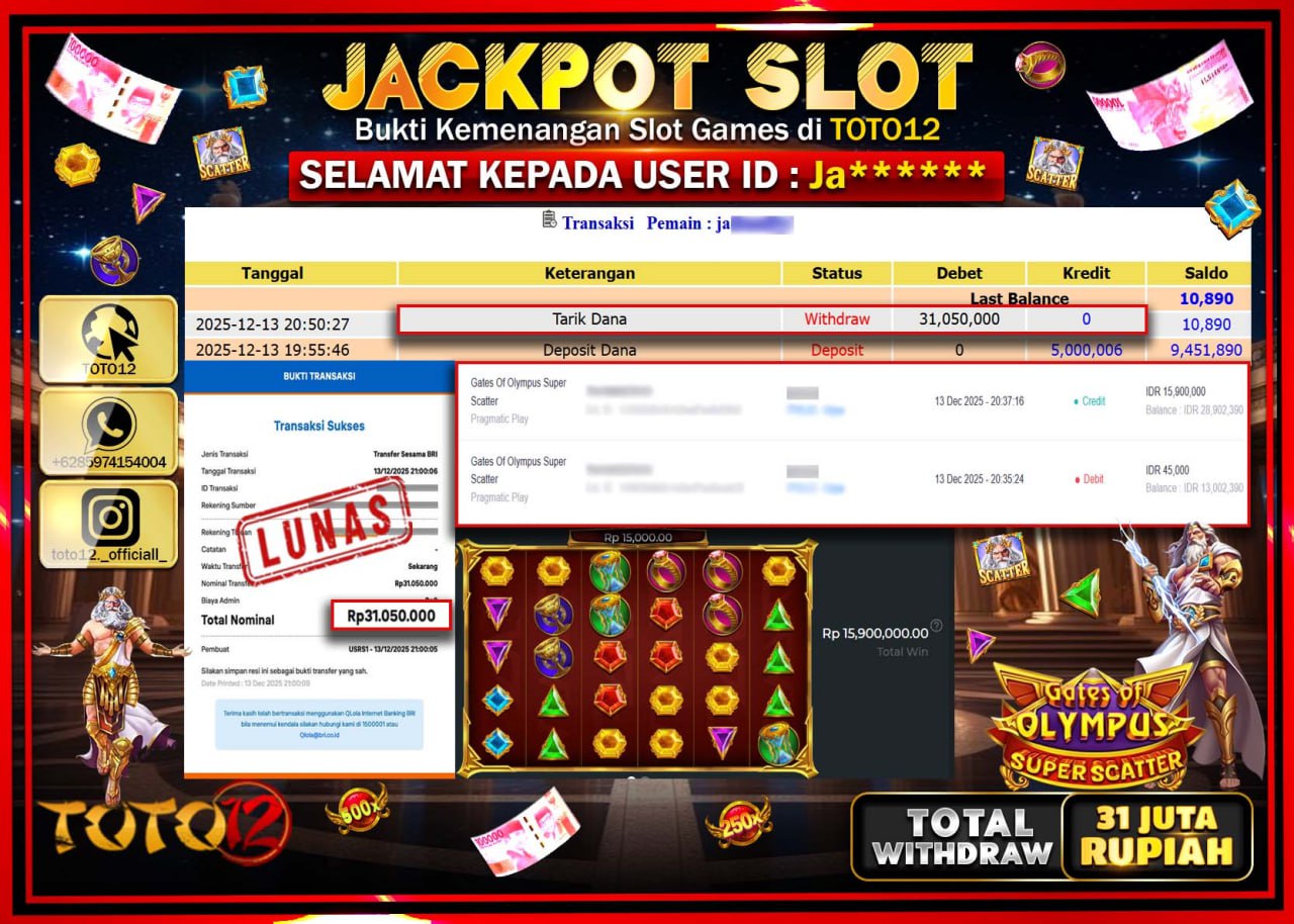 HANYA DI TOTO12 JP PASTI DI BAYAR LUNAS DAN CEPAT!!!!!! JACKPOT SLOT GAME (GATES OF OLYMPUS SUPER SCATTER) Rp.31.050.000 !!!!