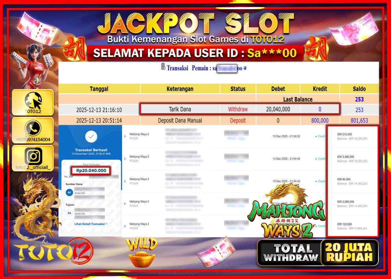 HANYA DI TOTO12 JP PASTI DI BAYAR LUNAS DAN CEPAT!!!!!! JACKPOT SLOT GAME (MAHJONG WAYS 2) Rp.20.000.000 !!!!