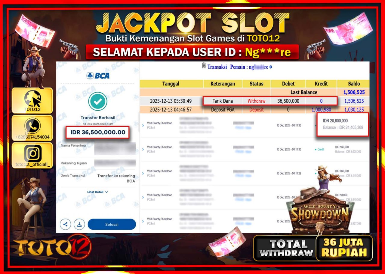 HANYA DI TOTO12 JP PASTI DI BAYAR LUNAS DAN CEPAT!!!!!! JACKPOT SLOT GAME (WILD BOUNTY SHOWDOWN) Rp.36.500.000 !!!!