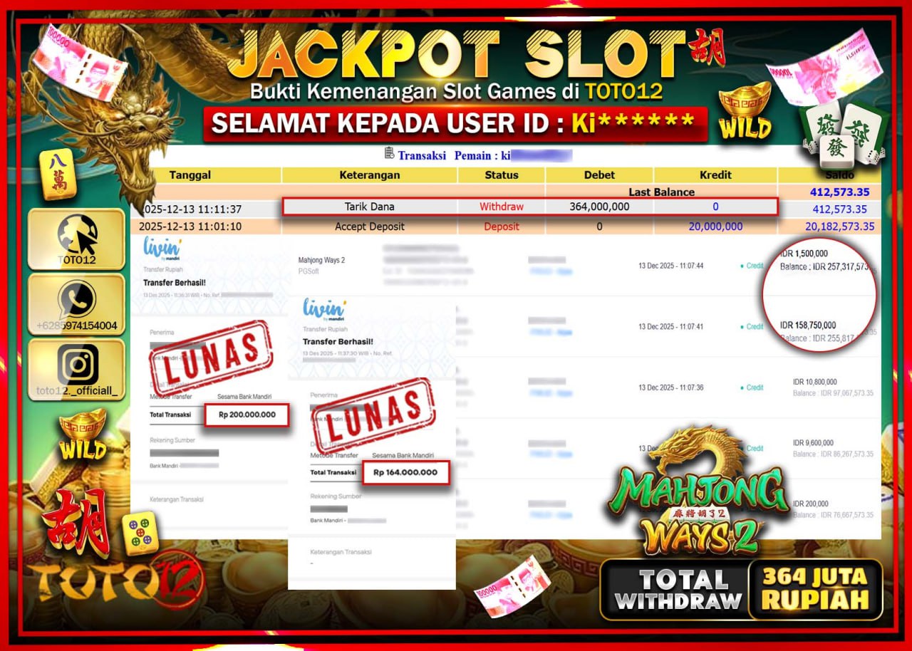 HANYA DI TOTO12 JP PASTI DI BAYAR LUNAS DAN CEPAT!!!!!! JACKPOT SLOT GAME (MAHJONG WAYS 2) Rp.364.000.000 !!!!
