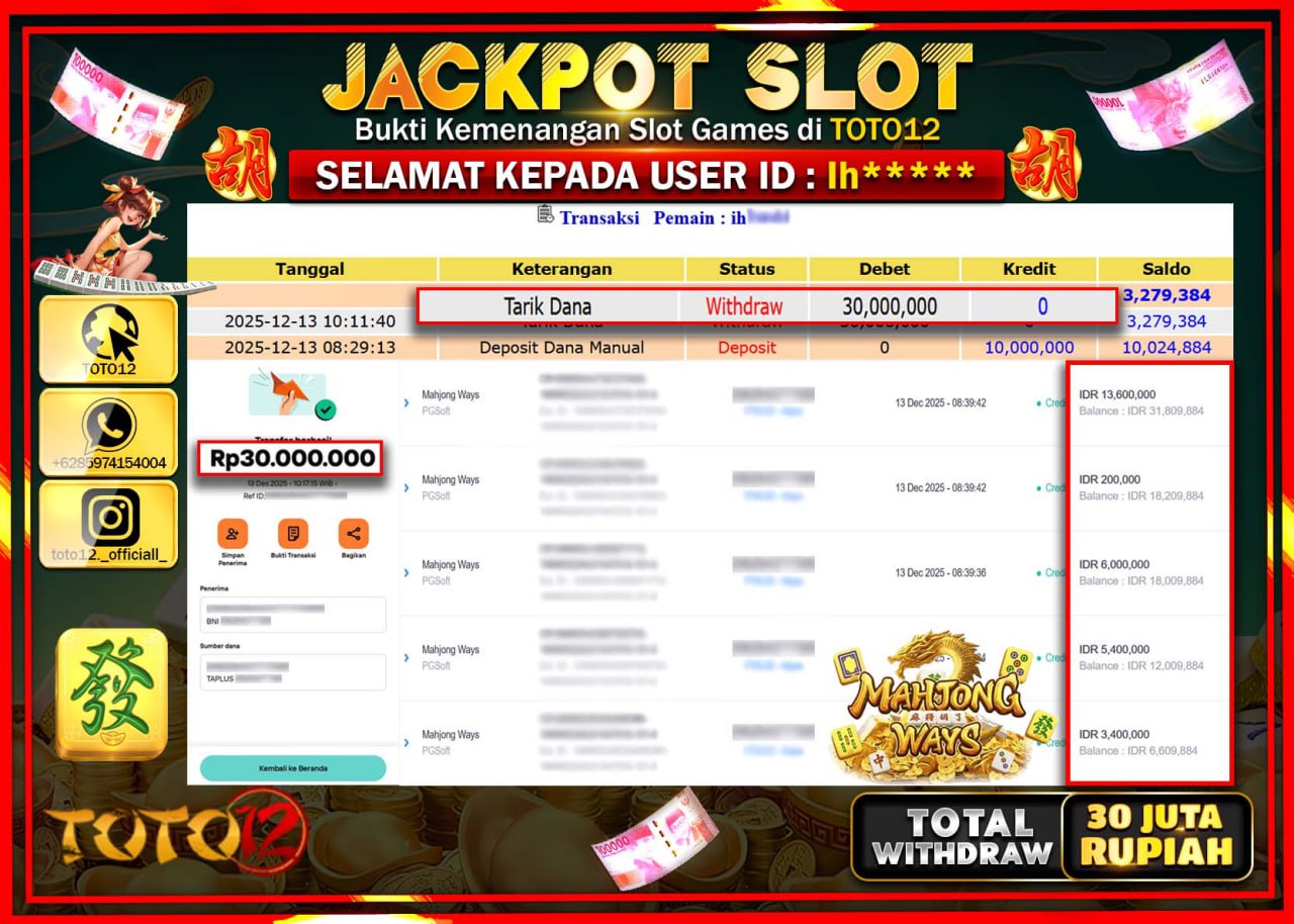 HANYA DI TOTO12 JP PASTI DI BAYAR LUNAS DAN CEPAT!!!!!! JACKPOT SLOT GAME (MAHJONG WAYS) Rp.30.000.000 !!!!