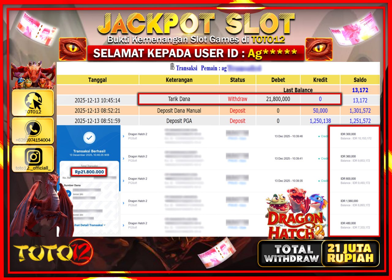 HANYA DI TOTO12 JP PASTI DI BAYAR LUNAS DAN CEPAT!!!!!! JACKPOT SLOT GAME (DRAGON HATCH) Rp.21.800.000 !!!!