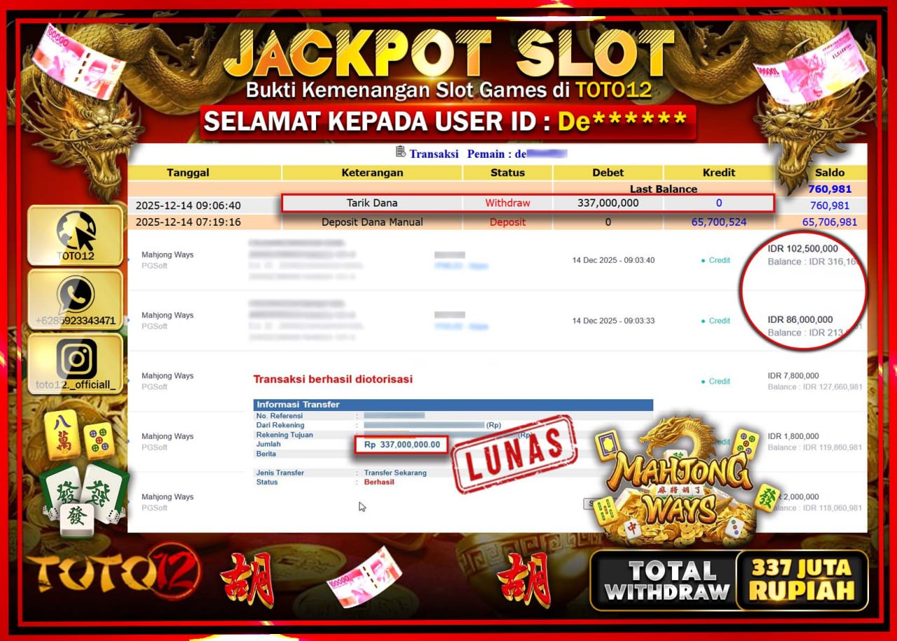 HANYA DI TOTO12 JP PASTI DI BAYAR LUNAS DAN CEPAT!!!!!! JACKPOT SLOT GAME (MAHJONG WAYS) Rp.337.000.000 !!!!