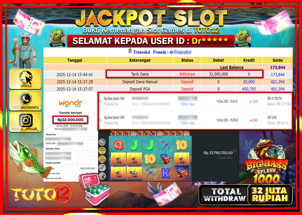 HANYA DI TOTO12 JP PASTI DI BAYAR LUNAS DAN CEPAT!!!!!! JACKPOT SLOT GAME (BIG BASS SPLASH 1000) Rp.32.000.000 !!!!