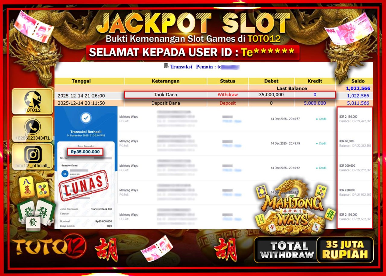HANYA DI TOTO12 JP PASTI DI BAYAR LUNAS DAN CEPAT!!!!!! JACKPOT SLOT GAME (MAHJONG WAYS) Rp.35.000.000 !!!!