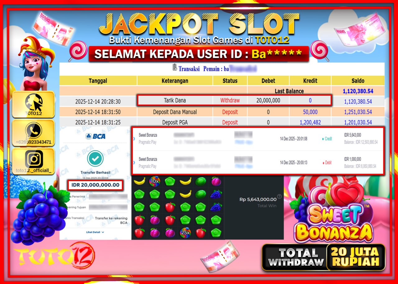 HANYA DI TOTO12 JP PASTI DI BAYAR LUNAS DAN CEPAT!!!!!! JACKPOT SLOT GAME (SWEET BONANZA) Rp.20.000.000 !!!!