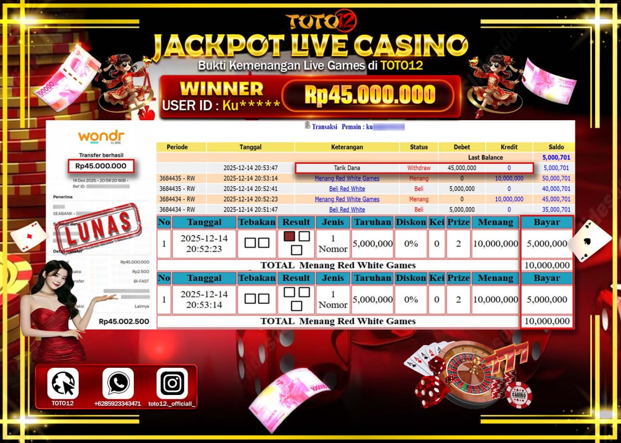 HANYA DI TOTO12 JP PASTI DI BAYAR LUNAS DAN CEPAT!!!!!! JACKPOT LIVE CASINO (RED WHITE) Rp.45.000.000 !!!!