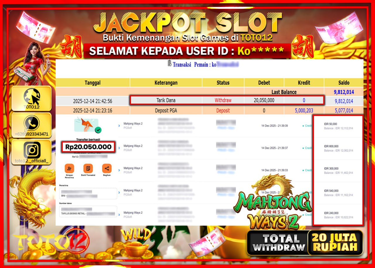 HANYA DI TOTO12 JP PASTI DI BAYAR LUNAS DAN CEPAT!!!!!! JACKPOT SLOT GAME (MAHJONG WAYS 2) Rp.20.050.000 !!!!