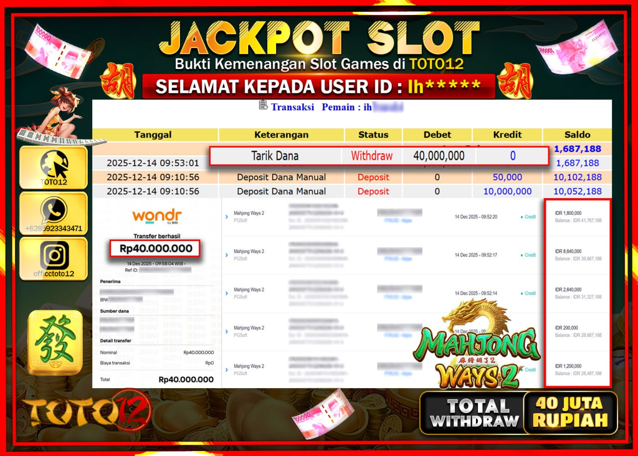 HANYA DI TOTO12 JP PASTI DI BAYAR LUNAS DAN CEPAT!!!!!! JACKPOT SLOT GAME (MAHJONG WAYS 2) Rp.40.000.000 !!!!