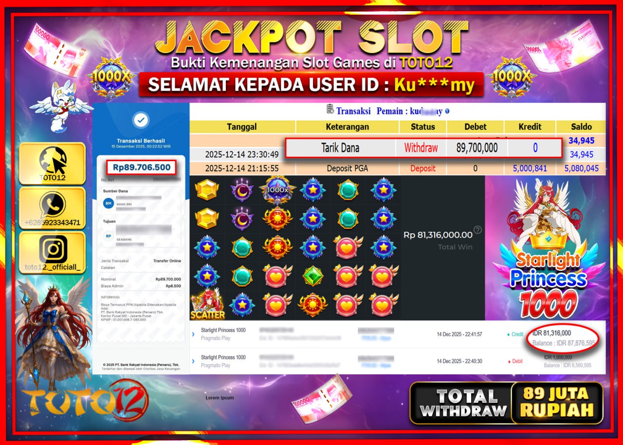 HANYA DI TOTO12 JP PASTI DI BAYAR LUNAS DAN CEPAT!!!!!! JACKPOT SLOT GAME (STARLIGHT PRINCESS 1000) Rp.89.700.000 !!!!