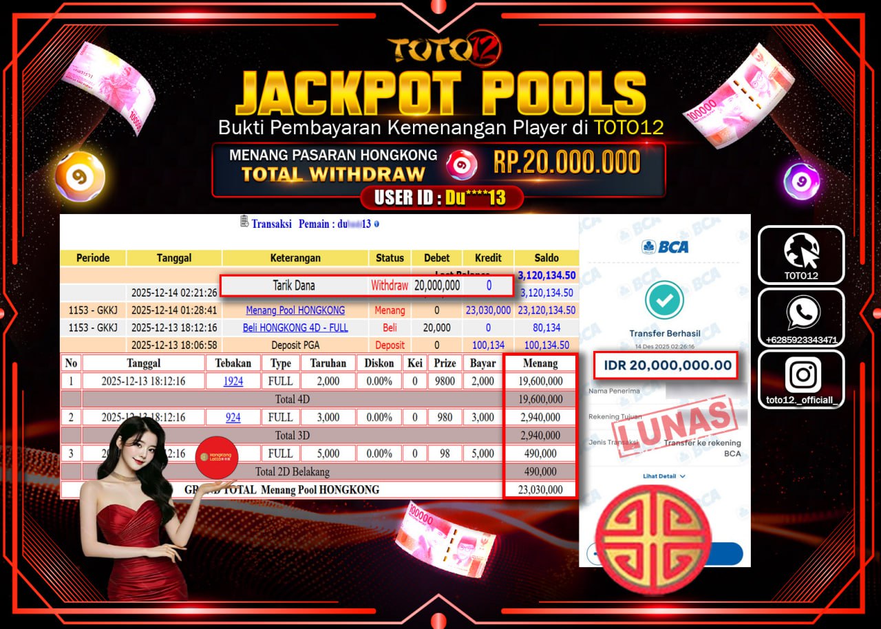 HANYA DI TOTO12 JP PASTI DI BAYAR LUNAS DAN CEPAT!!!!!! JACKPOT POOLS PASARAN (HONGKONG) Rp.20.000.000 !!!!