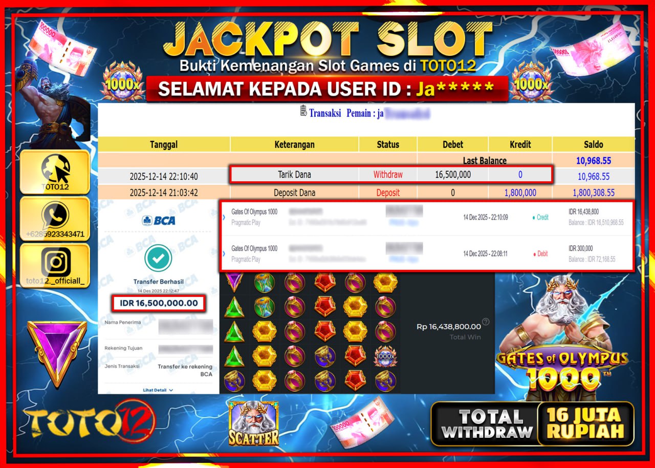 HANYA DI TOTO12 JP PASTI DI BAYAR LUNAS DAN CEPAT!!!!!! JACKPOT SLOT GAME (GATES OF OLYMPUS 1000) Rp.16.500.000 !!!!